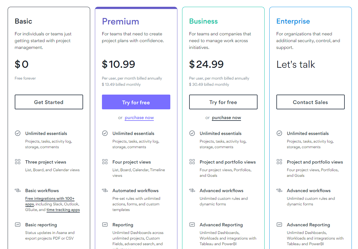 asana pricing page